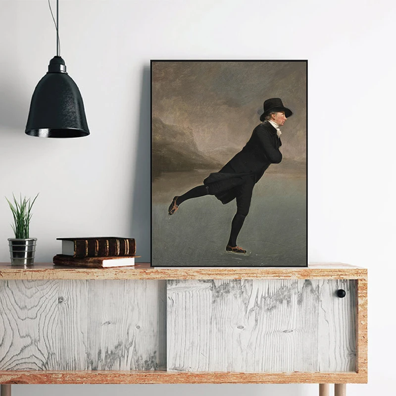 Man Ice Skating Vintage Oil Painting on Canvas Poster Winter Sports Prints Antique Wall Art Picture Prints Home Room Decoration