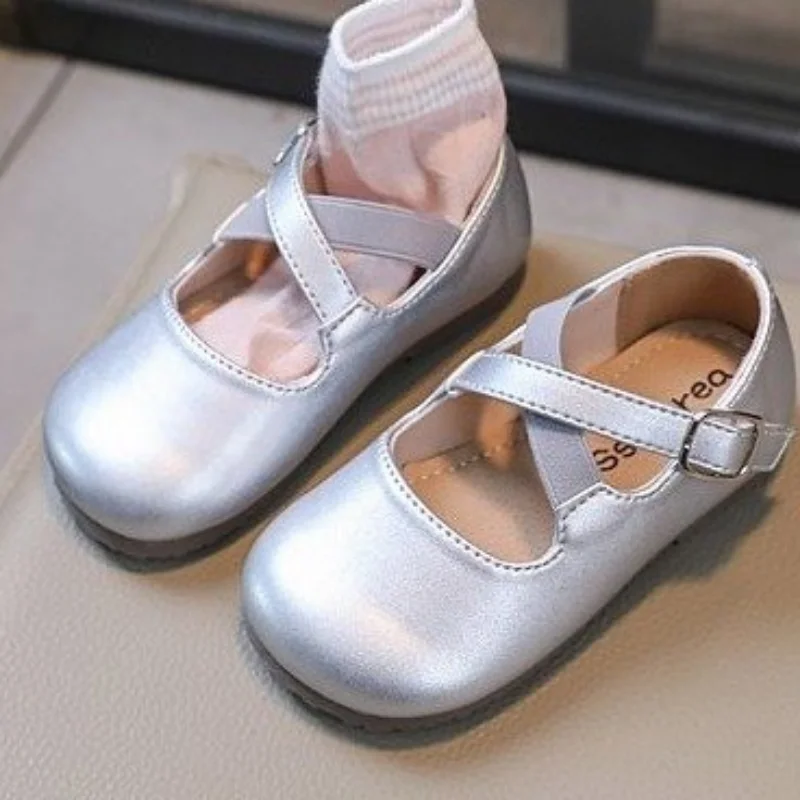 Girl\'s Mary Janes Cross Strap Gold Sliver Light Children Flat Shoes Stylish Square Toe Party Flexiable Spring Kids Casual Shoes