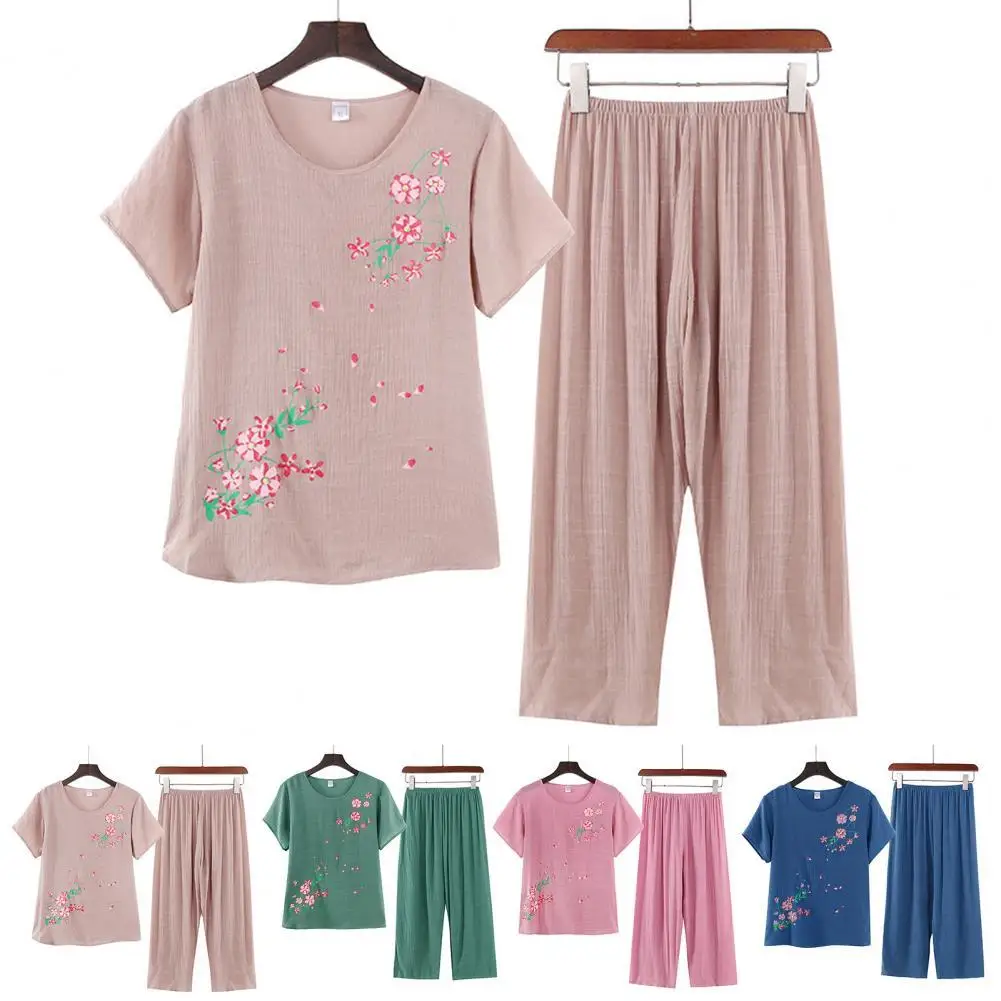 2 Pcs/Set Elderly Ladies Pajamas Loose Short Sleeve Flower Print Ealstic Waist Straight Pants Mother Pajams Suit Female Clothes