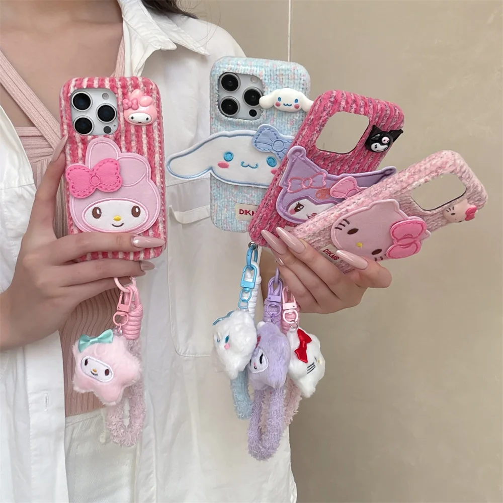 

Plush 3D Cartoon Kawaii Phone case for iPhone 16 Pro 15 14 13 17 Pro Max Cases With Plush Pendant Cute Sanrio Shockproof Cover
