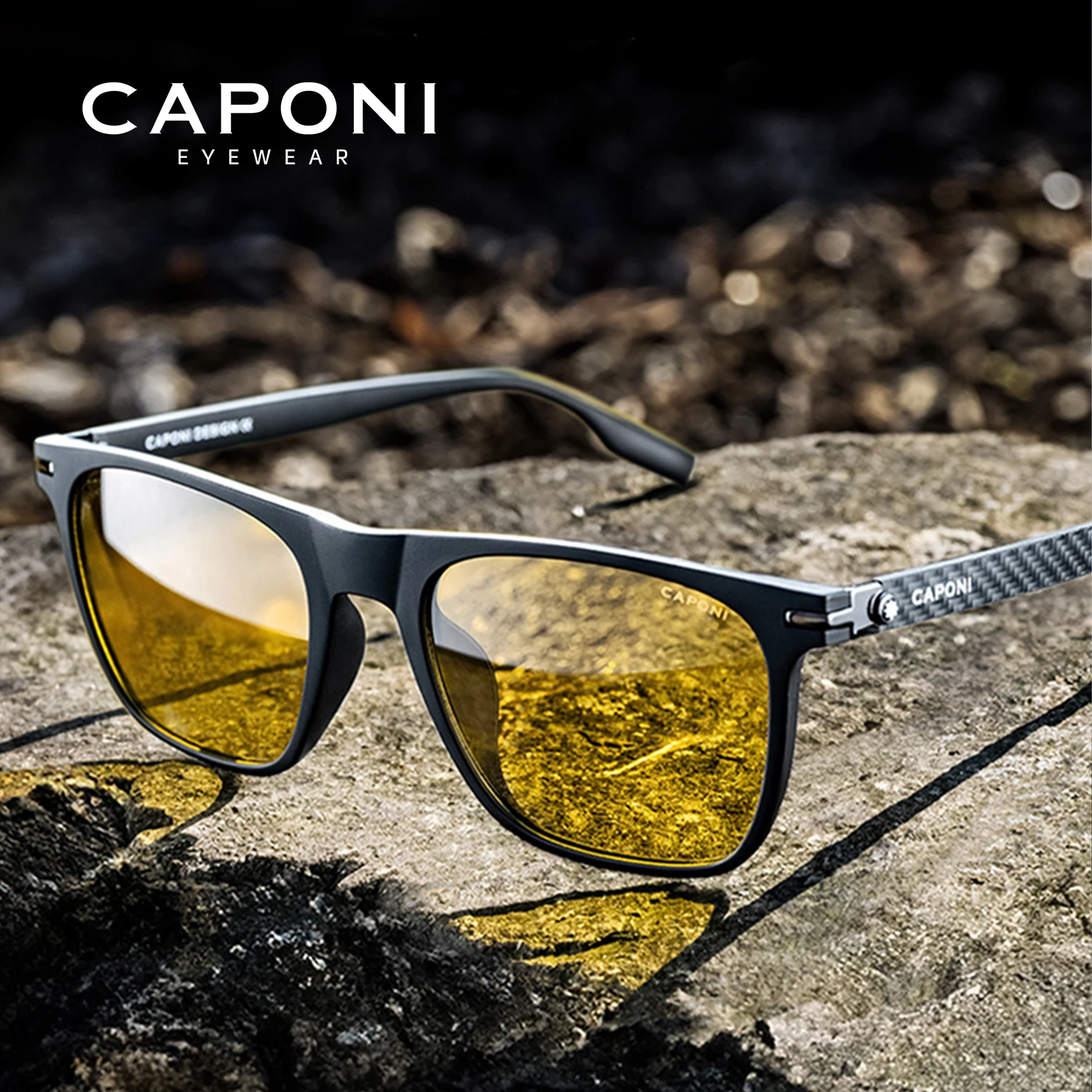 CAPONI Night Vision Men Sunglasses Original Designer High Quality Carbon Fiber Yellow Sun Glasses Photochromic Eyewear BSYS24716