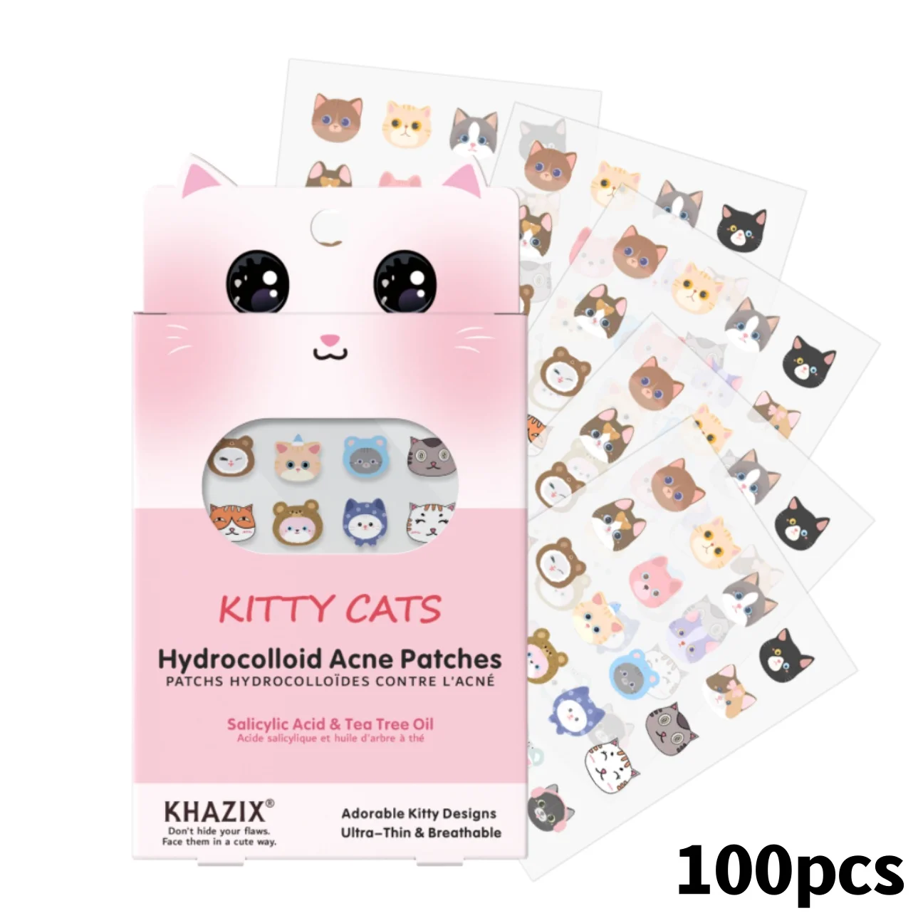 100 new pink series cartoon facial acne patches to cover acne marks, invisible blemishes, thin style for skincare.