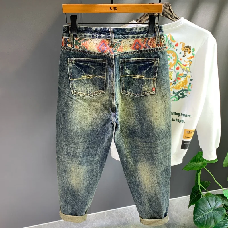 Patchwork Retro Vintage Jeans Men's High-End Washing Craft Loose Trendy Pu Shuai Wide Leg Leisure All-Matching Harem Pants