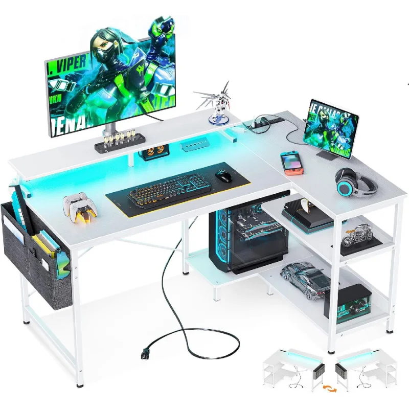 

48 Inch Gaming Desk with USB Charging Ports and LED Lights, Reversible L Shaped Computer Desk with Storage Shelves
