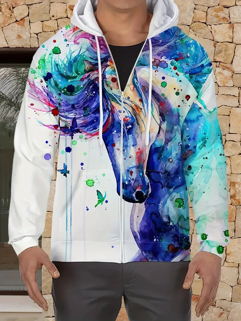 

3D Printed Horse Graphic Zip Up Hoodies Men Women Casual Fashion Spring Autumn Pullover Loose Oversize Sweatshirts Kids Coats