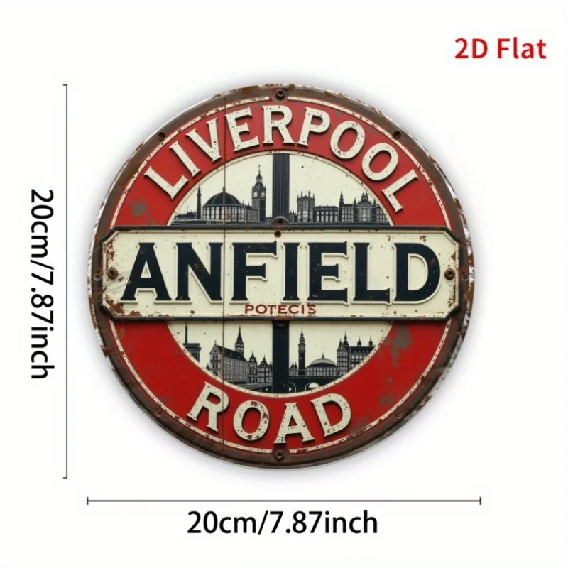 2D Flat, Liverpool Anfield Road Vintage Metal Sign - Rustic Aluminum Wall Art, 20.32x20.32cm, Red & White Distressed Design, Per