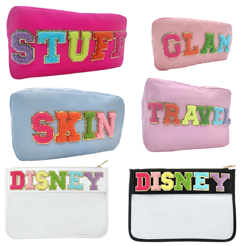 

Travel Stuff Snacks Storage Bag Letter Embroidery Patches Personalize Pouch Waterproof Nylon Travel Skin Makeup Bag Organizer