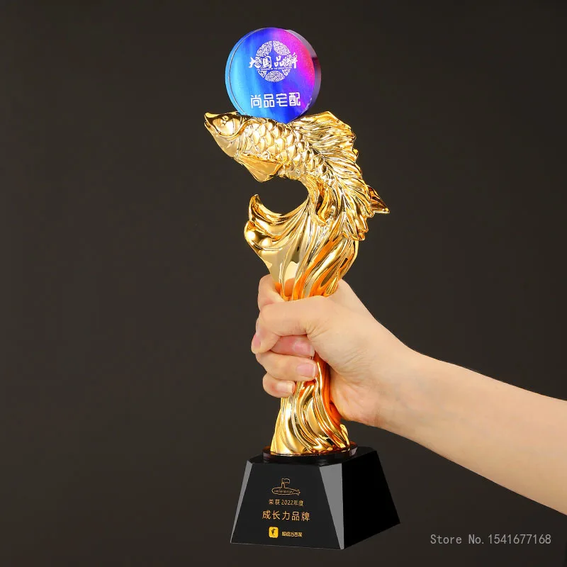 Electroplating Golden Resin Trophy, Crystal Trophy, Color-Printed, Excellent Company Award, Carp, Five-Pointed Star