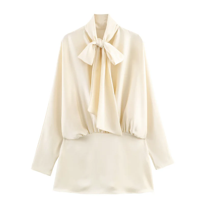 Silk Satin ort Dr with Scarf Long Sve Waist Cinched A-Line Skirt Women's Faion Casual Polyester Fiber Gown