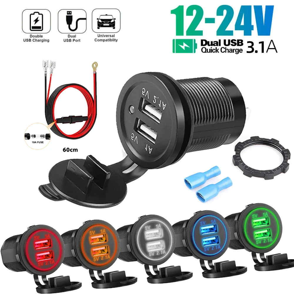 

5V 3.1A Dual USB Car Charger Waterproof Power Adapter Socket Outlet 12V/24V with LED Digital Display for Boat Truck Motorcycle