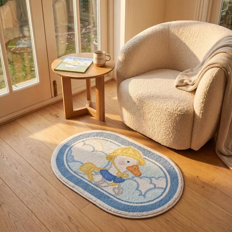 VIKAMA Cartoon Duck Oval Bath Mat Soft Plush Anti‑slip Absorbent Rug For Bathroom Kids Room Bedside Home Decoration