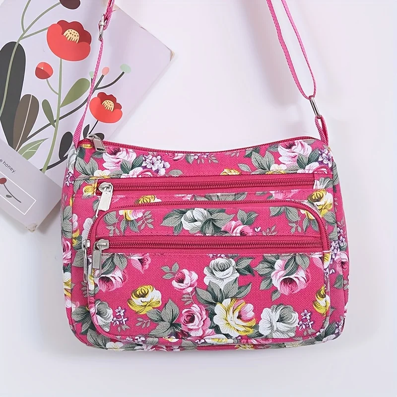 Stilvolle Umhängetasche mit Blumenmuster, lässige Schultertasche mit mehreren Reißverschlüssen und verstellbarem Riemen, für den täglichen Gebrauch im Freien – Detail 10