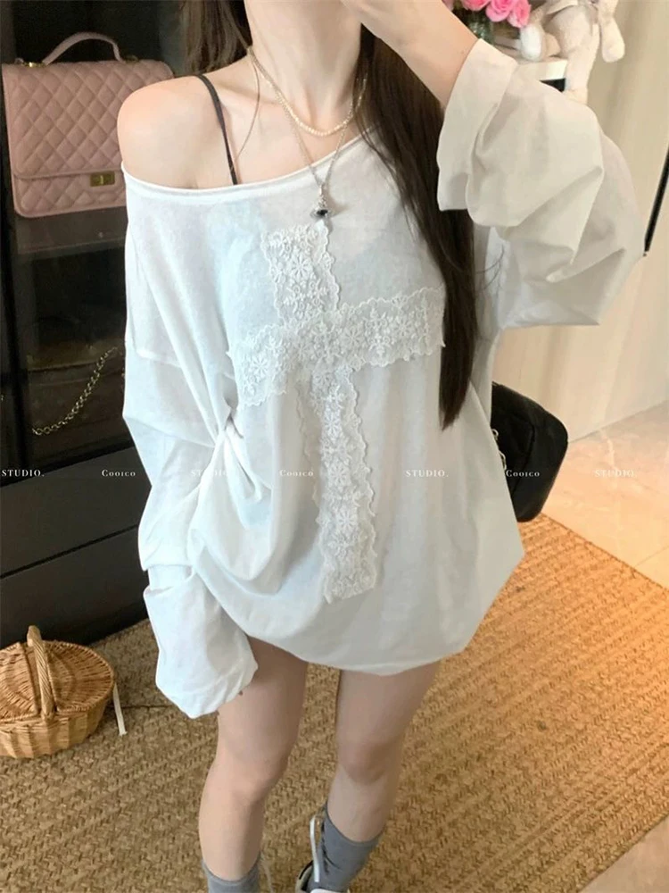 Embroidered Lace Patchwork Women T Shirt Summer White Thin Long Sleeve Sun Protection Tops Y2K Korean Loose Female Casual Smock