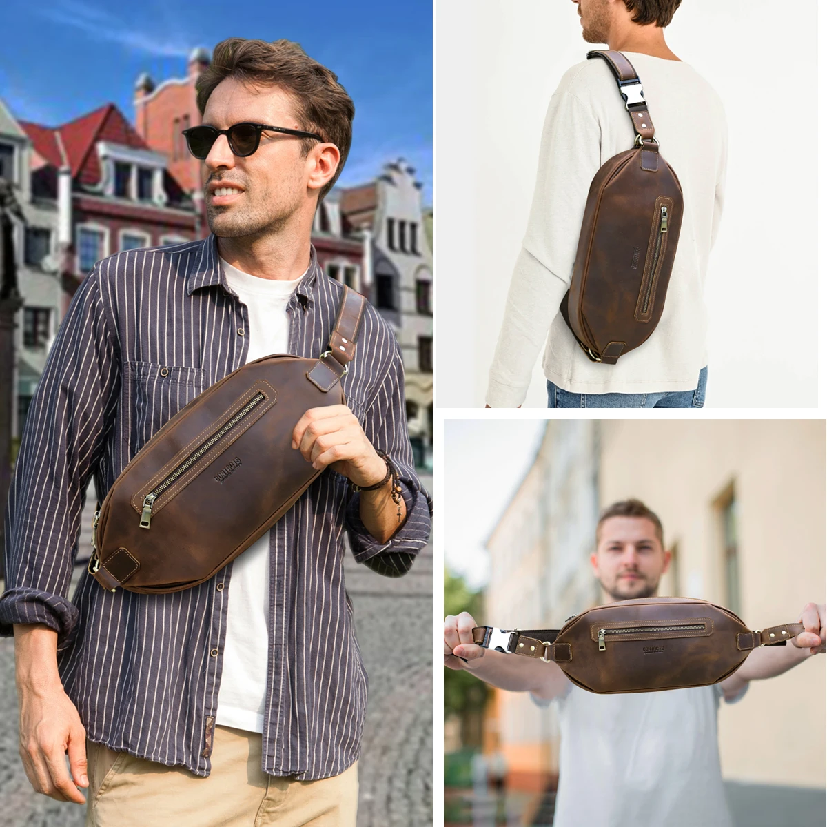 CONTACT\'S Genuine Leather Chest Bags for Men High Quality Crossbody Bag Shoulder Bags Phone Pocket Travel Bag for 8.3\