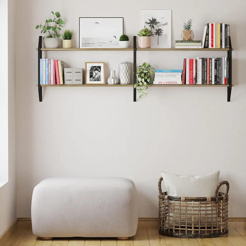 

Ponza 60 inch Long Rustic loating Shelves or Living Room, 2-Tier Book Shel or Wall Storage Oice Decor, Burnt inish