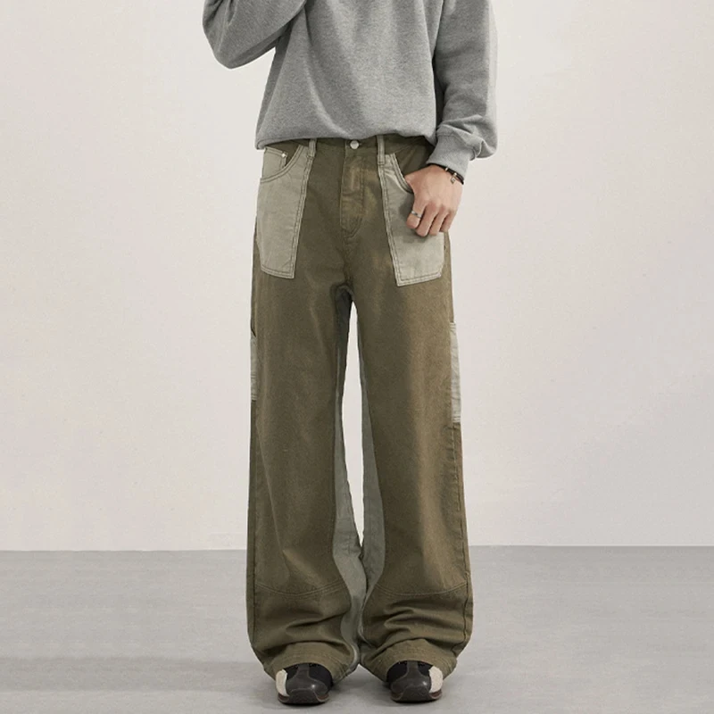 

Niche Design Men's Cargo Pants Spring 2026 Vintage Contrast Color Patchwork Washing Csual Trousers American Straight Male Bottom