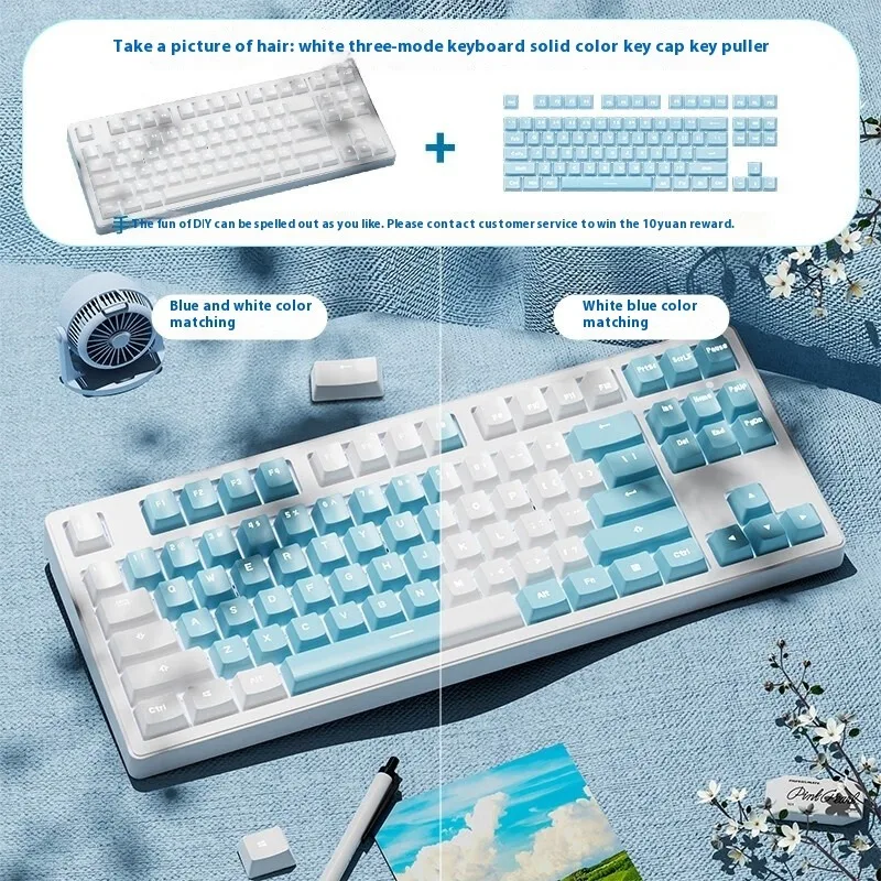 EWEADN MT87 Teclado mecánico inalámbrico ratón Combo interruptor azul tri-modo retroiluminación blanca 87 teclas azul blanco Keycap para oficina