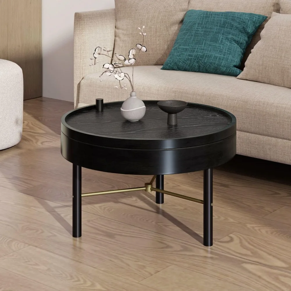 Rustic Modern 24 Inch Round Wood Coffee Table with Storage and Rotating Tray for Living Room - Perfect for Cocktails and Vintagi