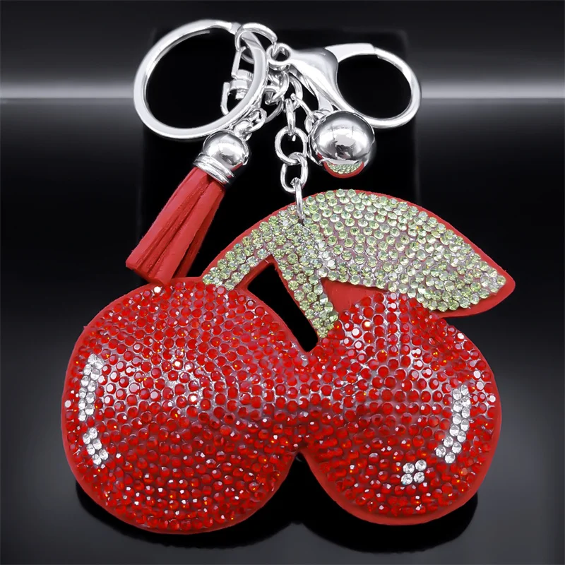 Fruit Cherry Key Chain for Women Men Red Crystal Silver Color Keyring Bag Car Charm Jewelry Party Gift Jewelry llaveros K9816S01