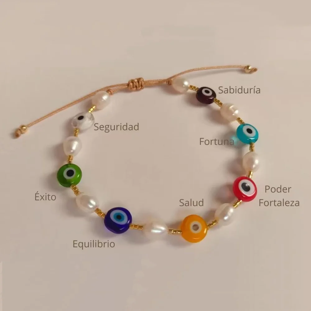 

Vlen Natural Pearl Evil Eye Bracelet with Gold Color Rice Beads Adjustable Protection Charm Bracelet for Women Healing Jewelry