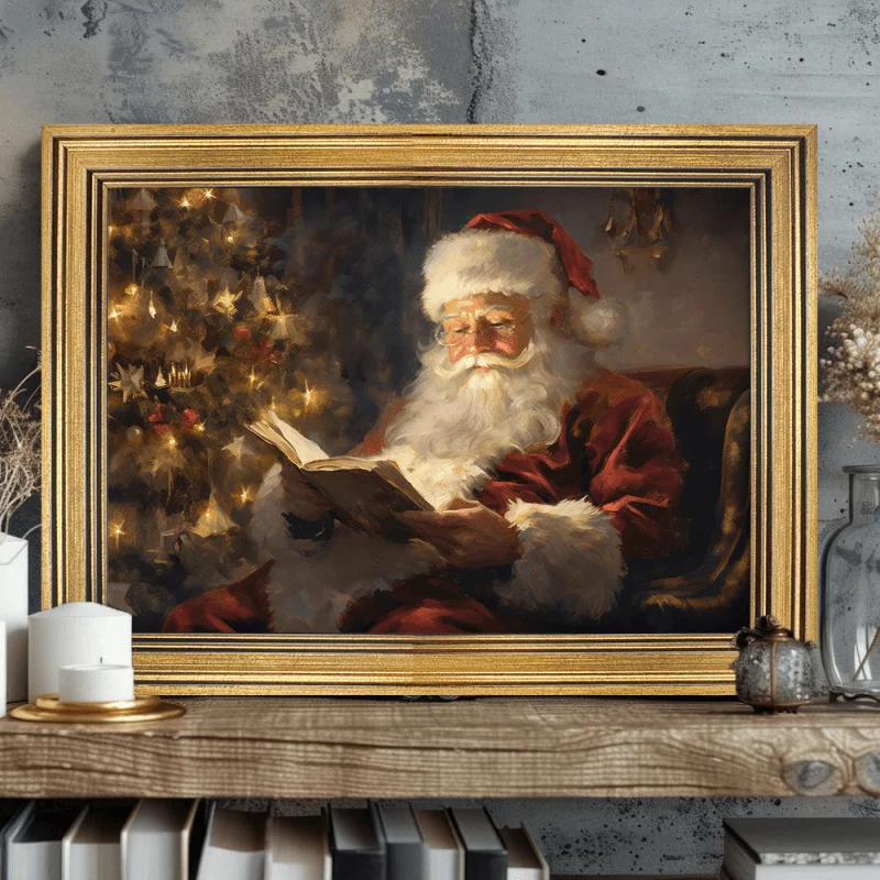 Santa Claus Reading Christmas Oil Painting - Vintage Gold Frame Canvas Art, Perfect for Living Room Decoration, Christmas Decora