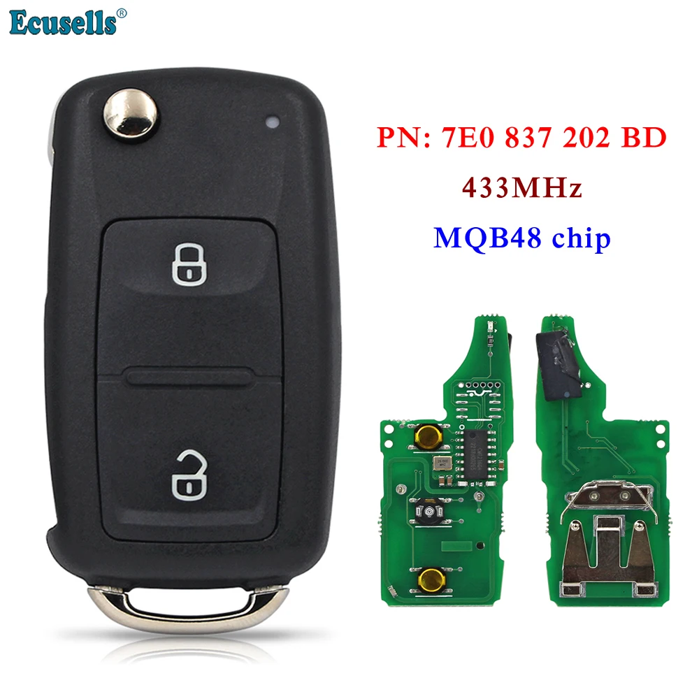 

Ecusells 7E0837202BD 2 Buttons Remote Key Fob 433MHz ASK MQB48 Chip for Amarok Transporter T6 7E0 837 202 BD