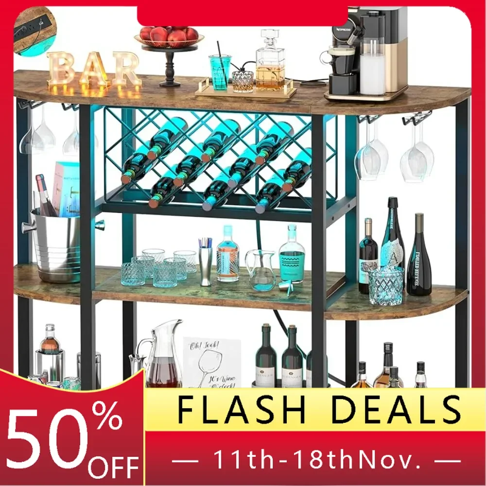 

Wood Coffee Bar Cabinet With Adjustable Wine Rack Table With Socket and LED Light FreeStanding Sideboard and Buffet Cabinet