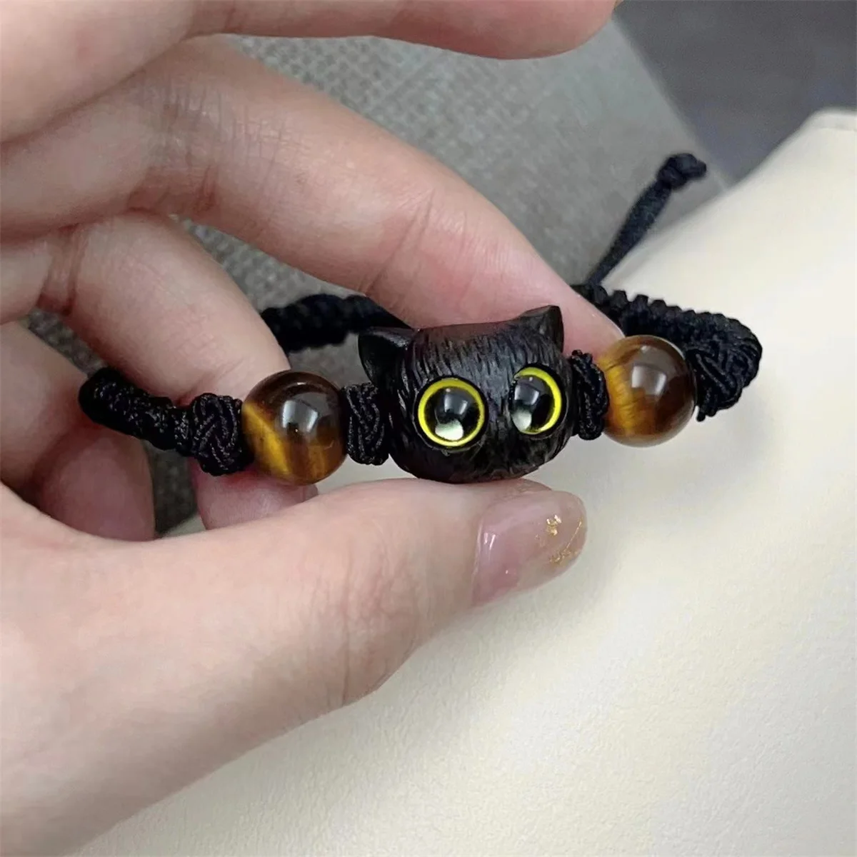 Cute Cat Adjustable Bracelet for Children Imitation Wood Crystal Braided Fashion Jewelry Trendy Cat Accessory for Friends