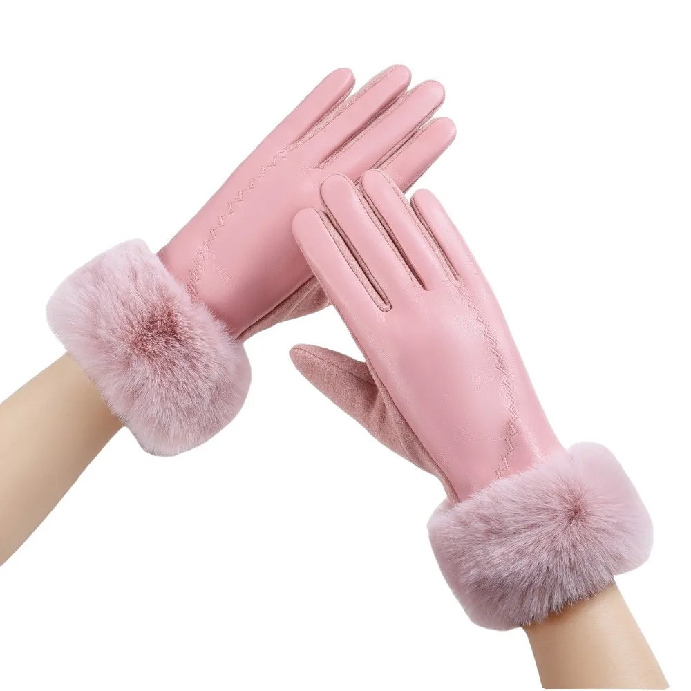 Fashion Fleece Lined Leather Gloves Fur Cuff Longer Wrist Winter Mittens Solid Color Soft Texture Touchscreen Gloves Outdoor