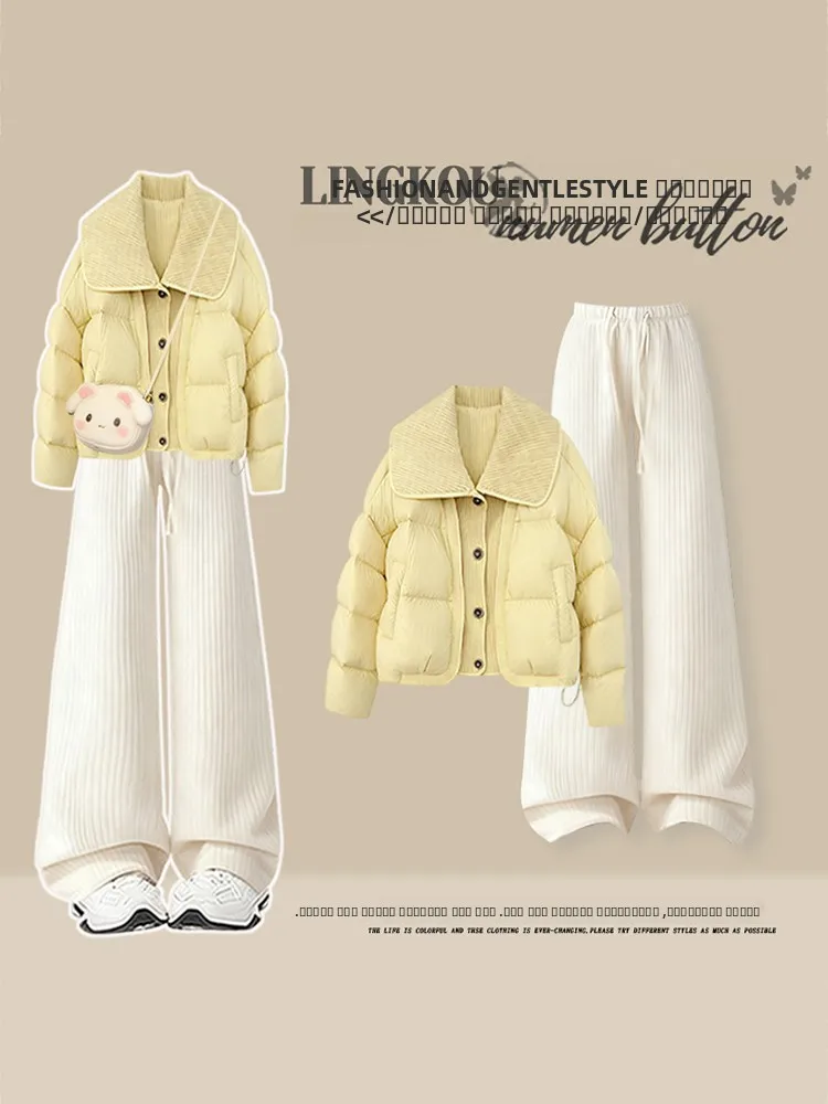 

Зимний теплый хлопковый комплект больших размеров с прямыми повседневными брюками, женский антивозрастной комплект из двух предметов для похудения