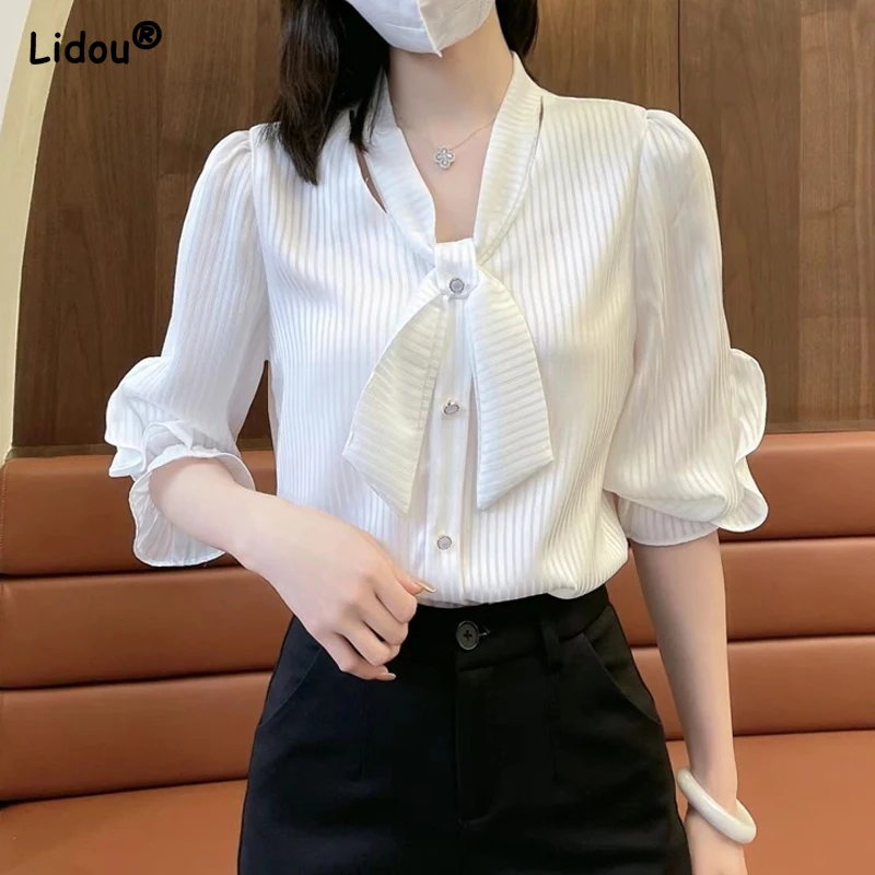 

Office Lady Bow Neck Long Sleeve Solid Color Button Summer Blouses Straight Loose Thin Comfortable Wild Women's Clothing 2022