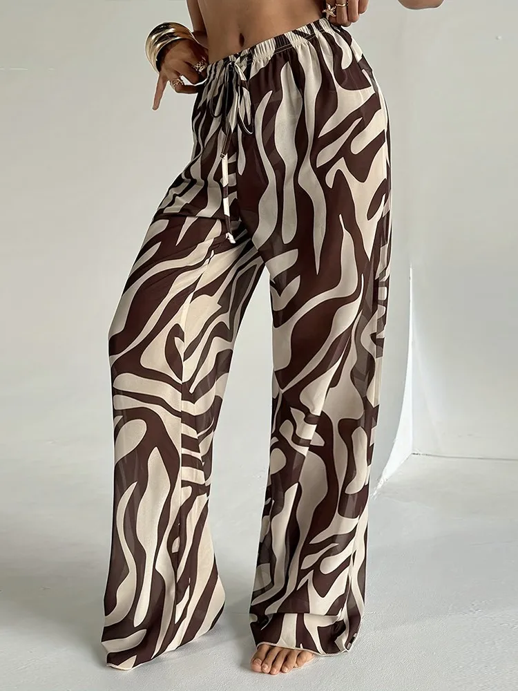 Women Stripe Trim Cover Up Pants Beach Cover Up Trousers Cover Ups For Swimwear Beach Ruffle Pants 2026 Summer Pants