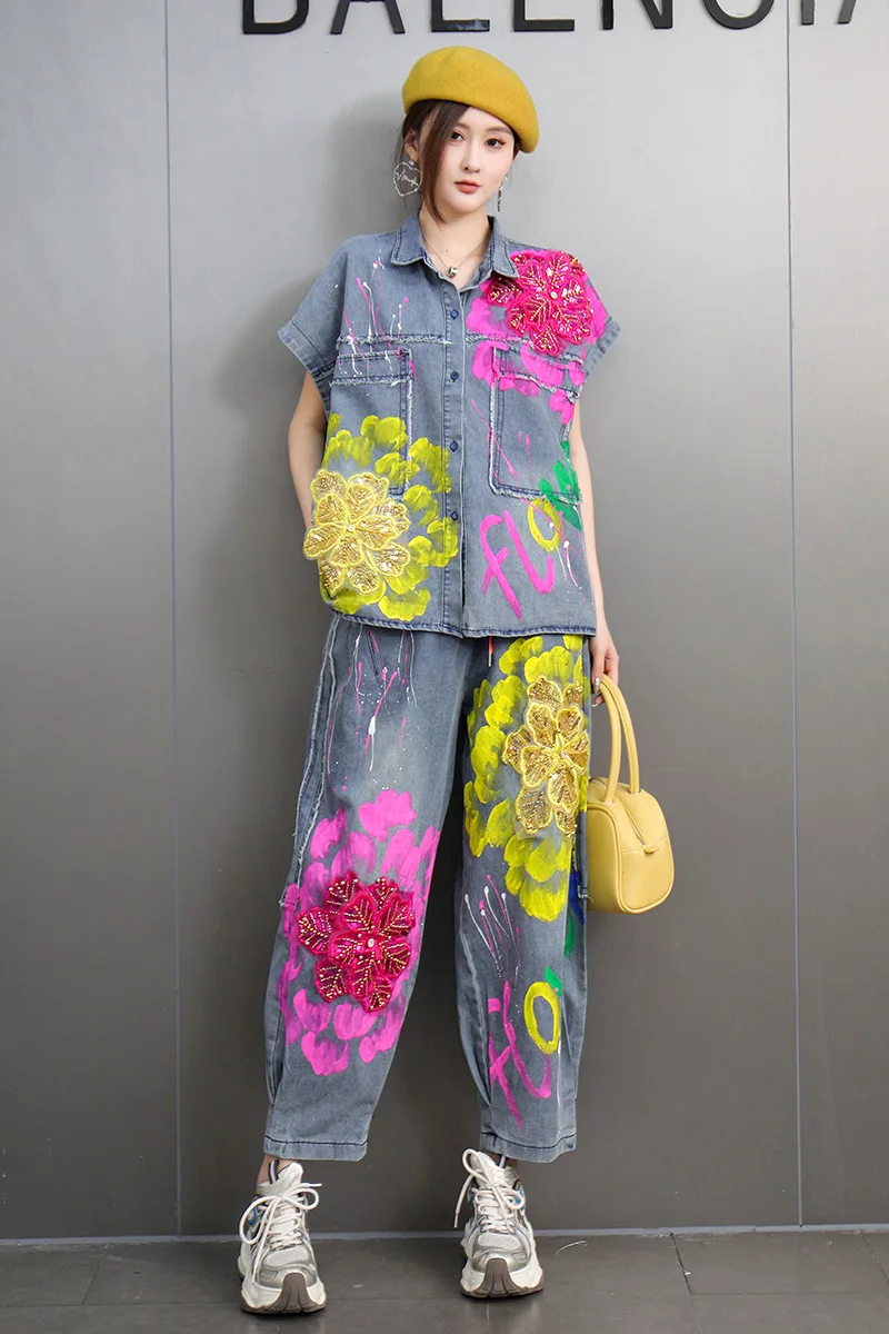 2025 Spring New Fashion Embroidery Flower Denim Set Women Loose Short Sleeve Top Loose Haron Pants Two-piece Set J817