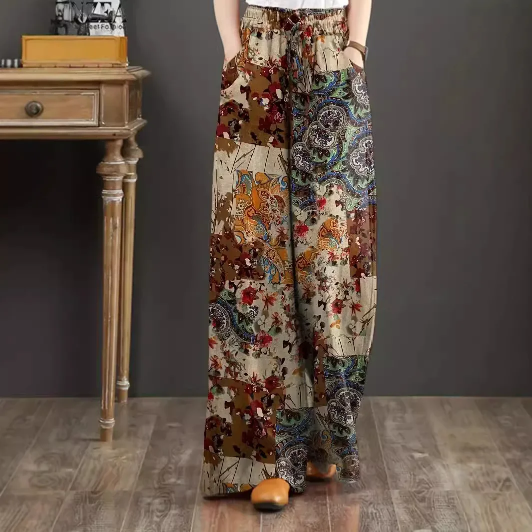 New Casual Bell Bottom Trousers Elastic Waist Printing Outside Trade High Waist Elastic Waist Casual Trousers