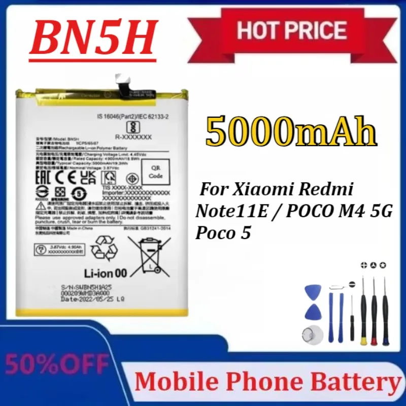 

Модернизированный аккумулятор BN5H емкостью 5000 мАч для Xiaomi Redmi Note 11E/POCO M4 5G/Poco M5, сменные аккумуляторы для телефона + инструменты