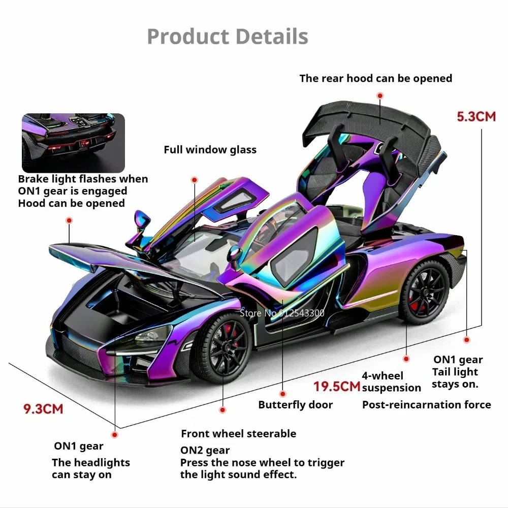 1:24 Scale Senna P1 Sports Car Model Toy Sound Light Pull Back Models Shock Absorption Front Wheel Steer Vehicle Progress Awards