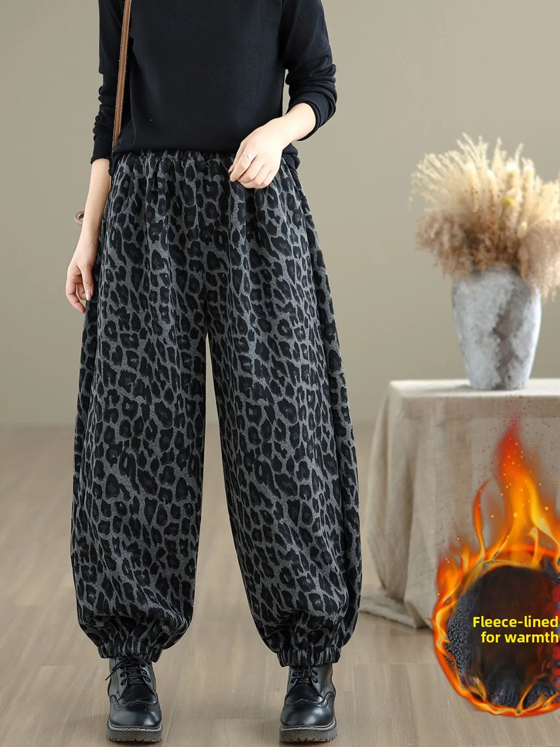 

Модные художественные брюки-фонарики на флисовой подкладке с эластичным поясом, большие размеры, женские повседневные утягивающие брюки-морковки, зимние, с леопардовым принтом
