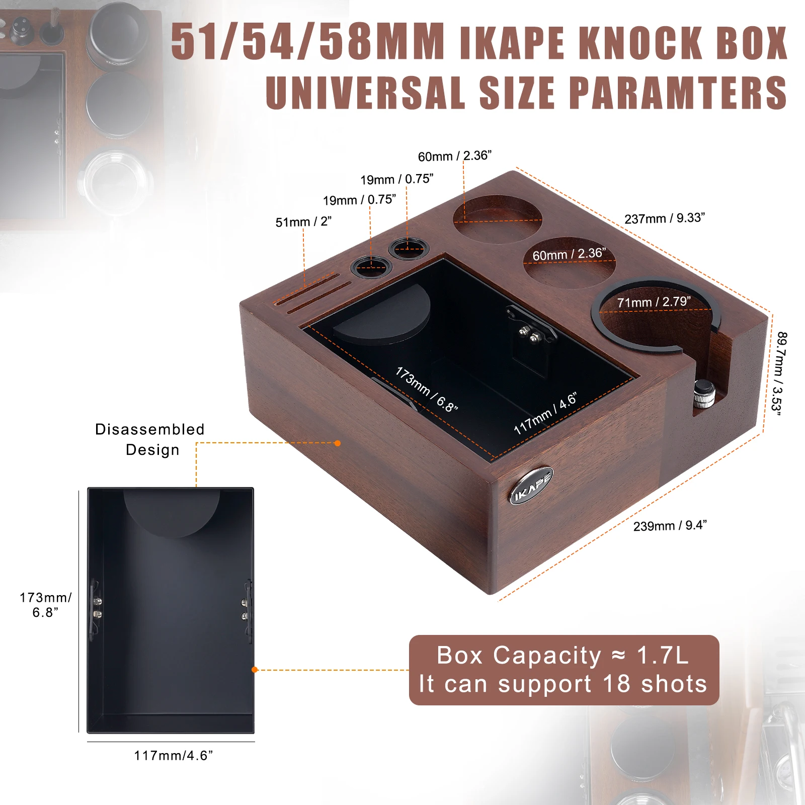 IKAPE V2 Espresso Knock Box, Coffee Organizer Box, Natural Walnut Station Base Fit for Storage Espresso Tamper, Distributor