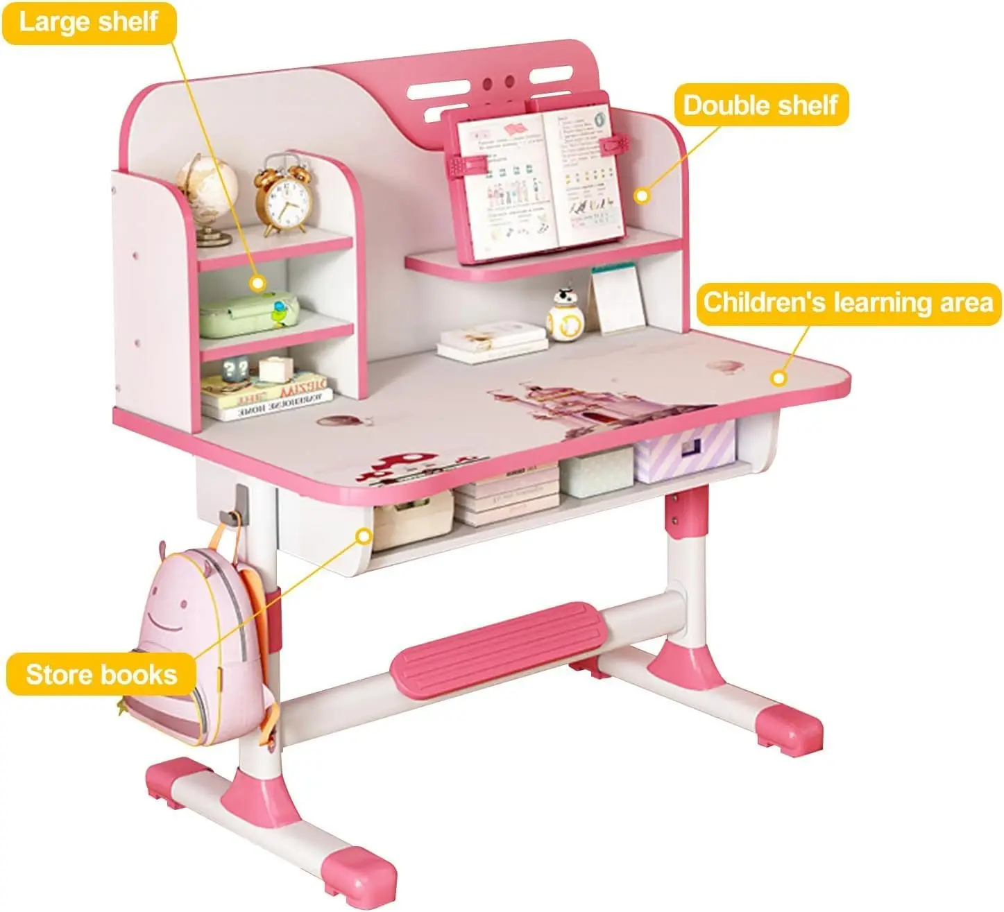 طقم مكتب وكرسي للأطفال، طاولة دراسة مع سطح مكتب للأولاد والبنات (وردي) #3
