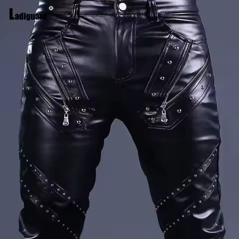 Men Fashion Rock Style PU Leather Pants Sexy Night Club Dance Pants Men's Rivets Zipper Faux Leather Slim Motorcycle Trouser New