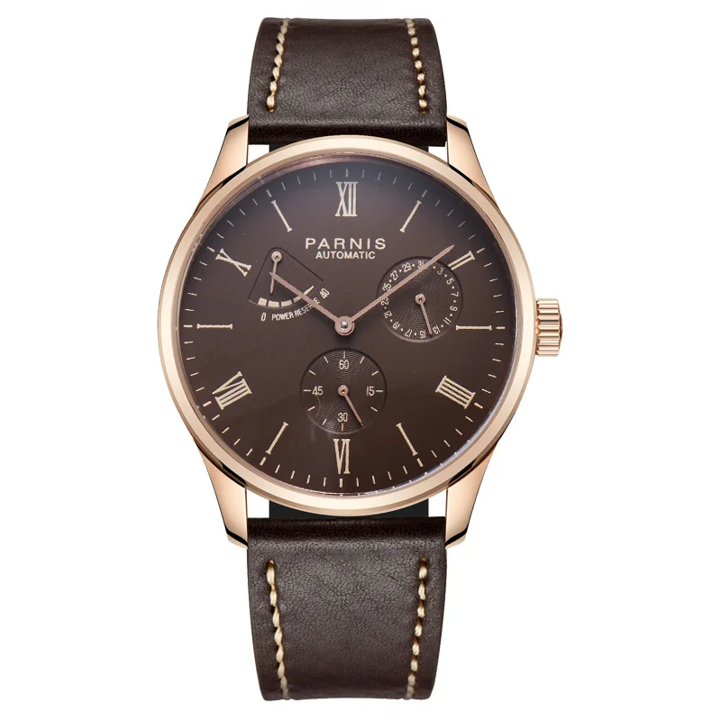Fashion Parnis 41.5MM Rose Gold Case Mechanical Automatic Men Watch Power Reserve Men's Watches reloj hombre marca de lujo Clock