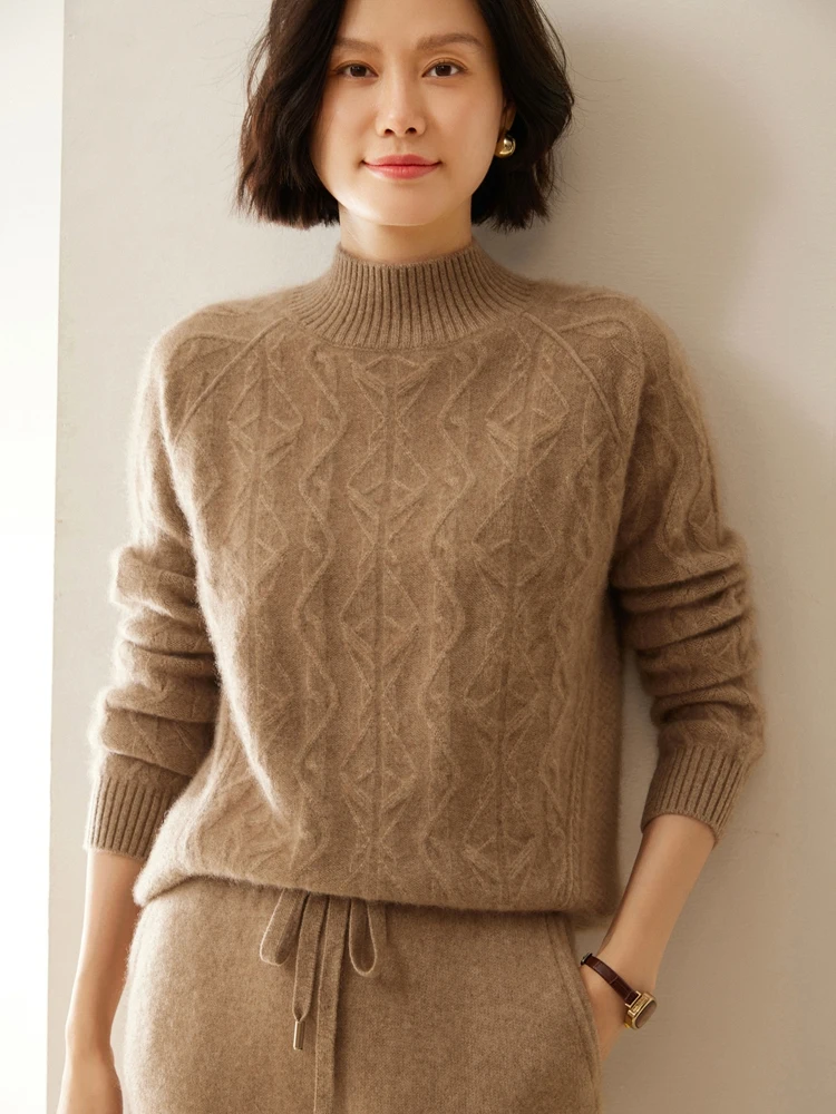 Women 100% Cashmere Sweater Mock Neck Pullovers Cable Knitting Vintage Casual Cashmere Knitwear Autumn Winter Warm Female Tops