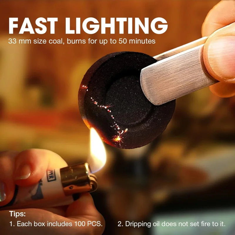 Quick Light Charcoal Briquettes, Charcoal Disk Lights, 33 mm Nature Coal Disks, Instant Fire Coal Tablet, Charcoal Burner (100Pc