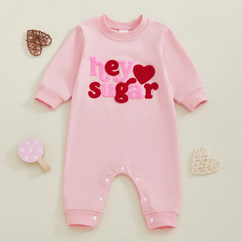 

2024-10-09 Lioraitiin 0-18M Baby Girls Valentine's Day Rompers Long Sleeve Round Neck Letter Heart Embroidery Jumpsuits