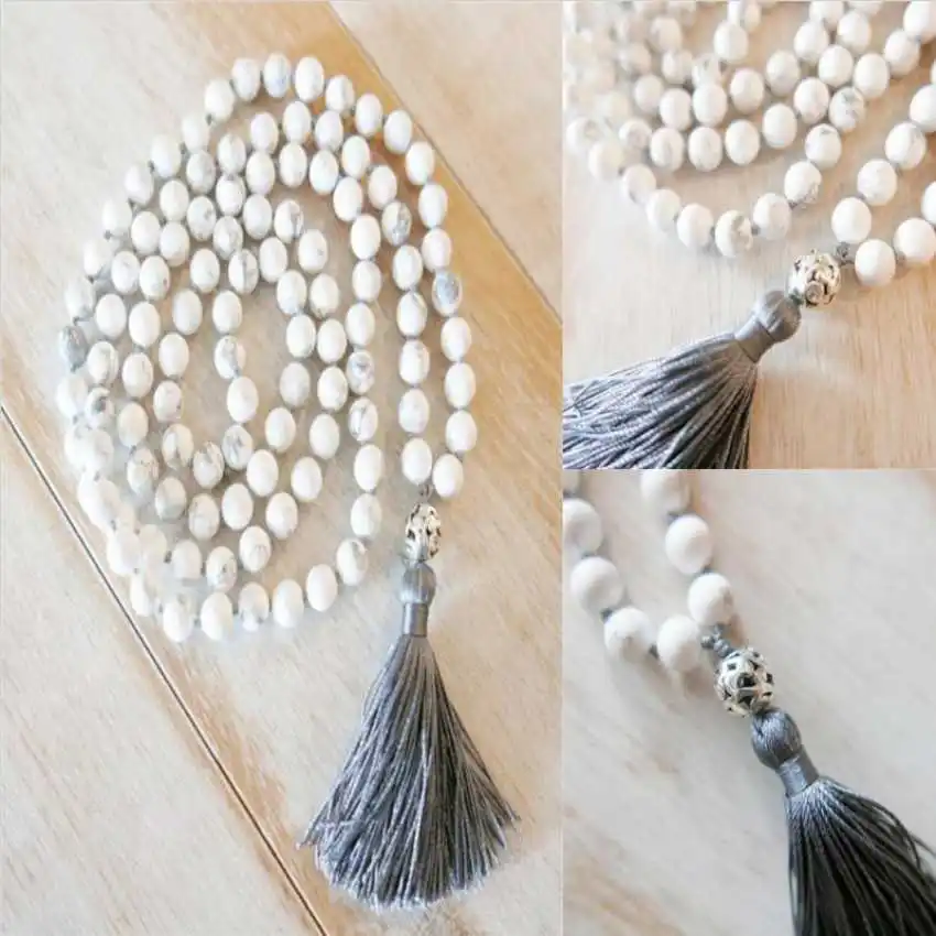 

8mm White Howlite Knot Tassel 108 Bead Mala necklace Tassel Religious Everyday wear Prayer Hipster Women Fashion Enthusiasts