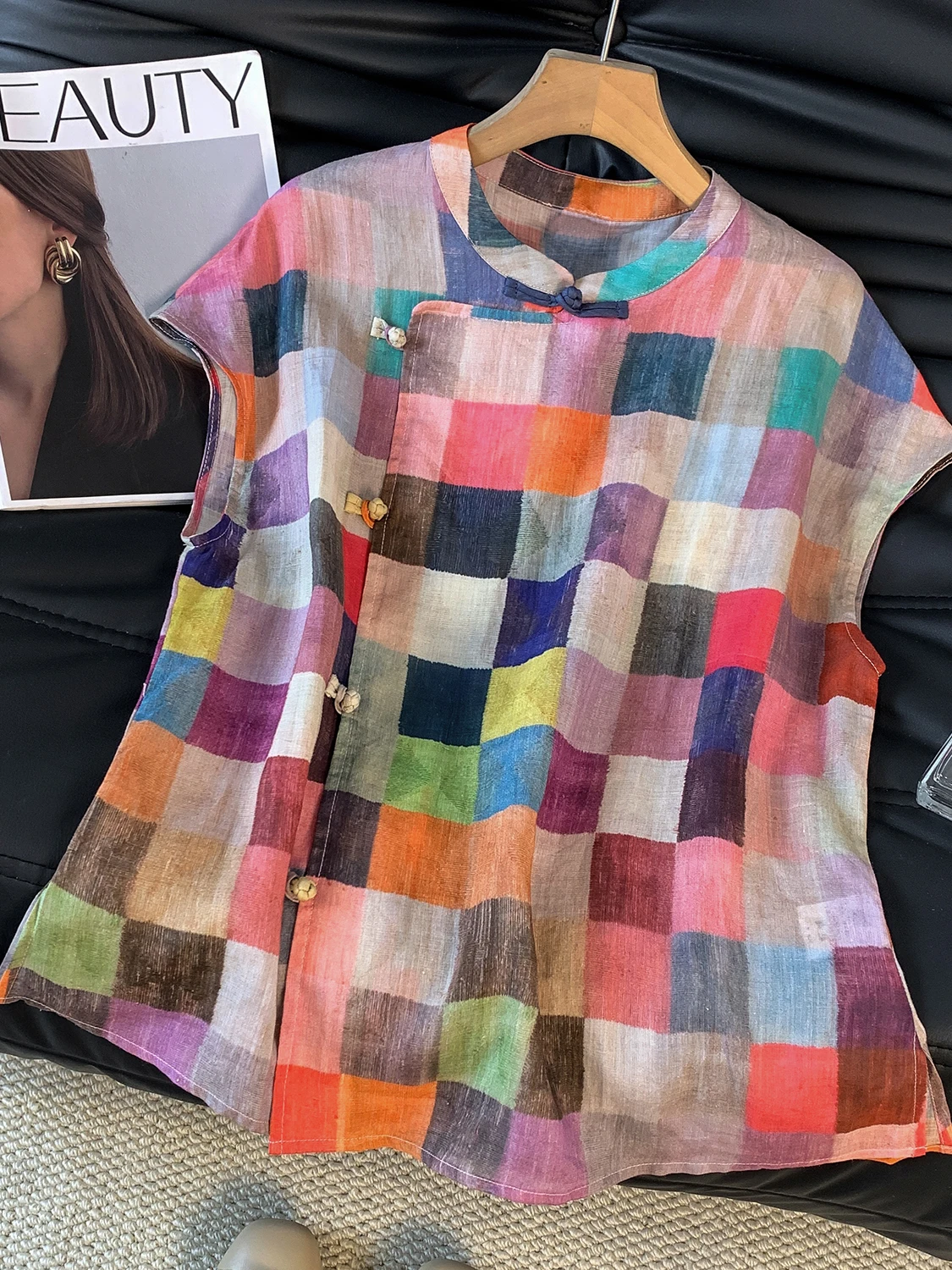 

New Chinese Sle Faionable Plaid Flax irt Large Size Women's Side Button Stand Collar Svel Top ...