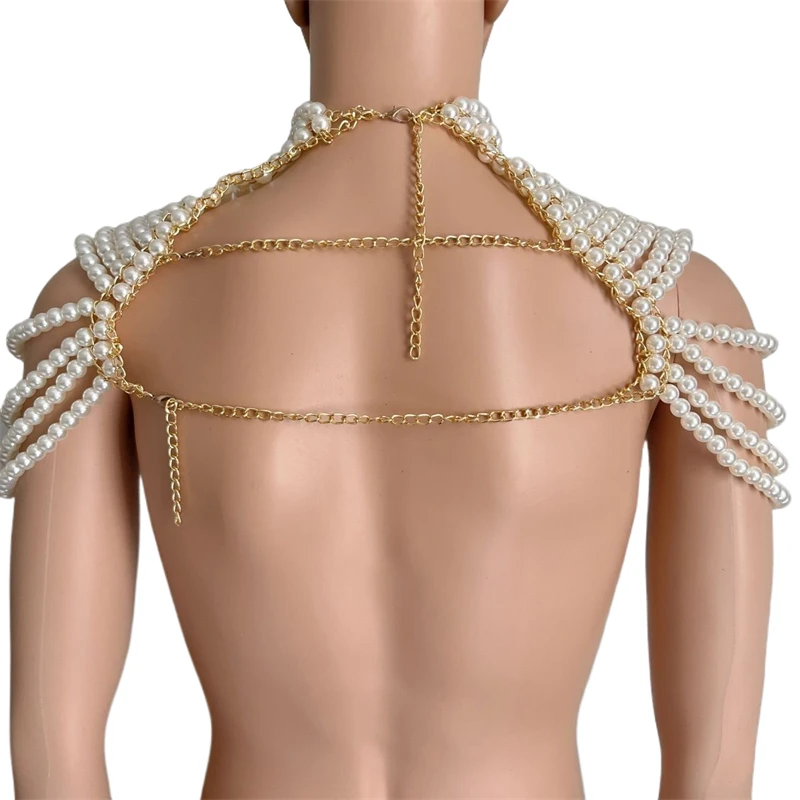 Weiße Perlenkette Mehrschichtige Körperkette Vintage Exotischer Perlen-Schal-Top Hochgeschlossenes Hochzeitsparty Y2K Crop Top Übergroßes T-Shirt – Detail 5