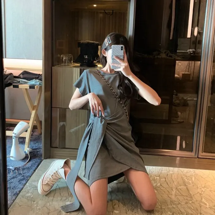 Ele Summer Dr T-shirt femme Dr taille amincissante Design ort Sve jupe moulante ronde Ne une pièce couleur Pure