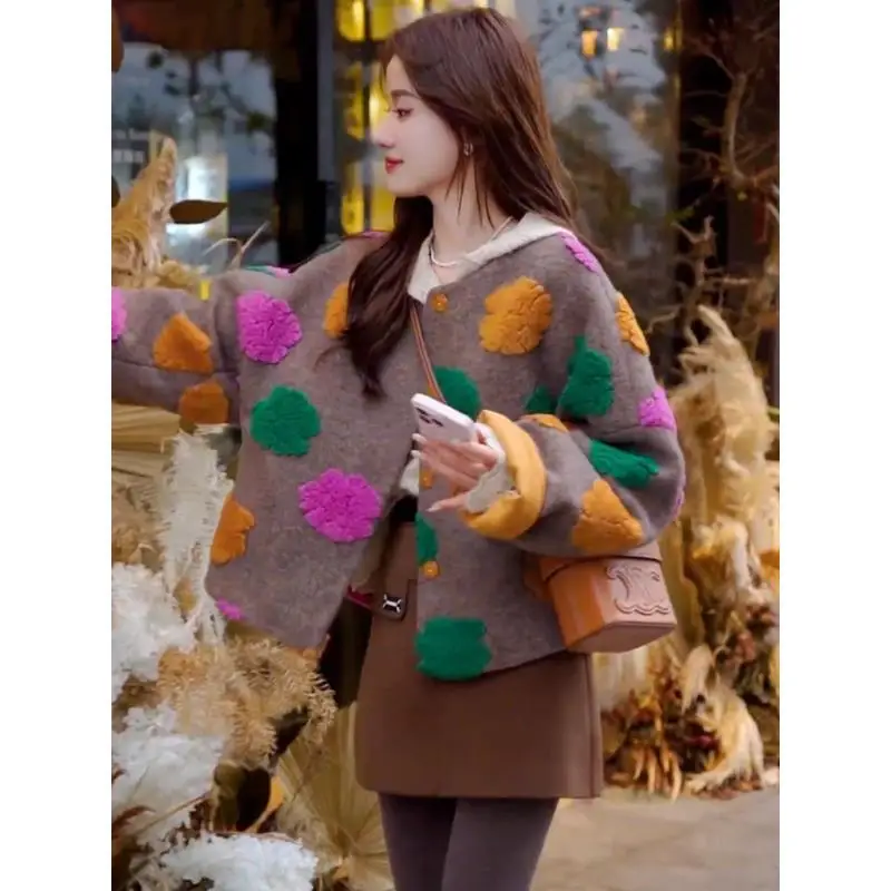 

Роскошное шерстяное пальто, женские модные куртки, осенний новый укороченный топ с 3D цветочным принтом, дизайнерская одежда с длинными рукавами, однобортная верхняя одежда