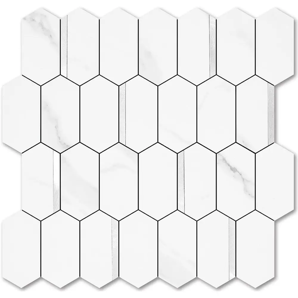 Long Hexagon Peel and Stick Backsplash Tile - 10 Sheets Stick on Backsplash or Kitchen and Bathroom 12.4 x 12 Inch White Marble